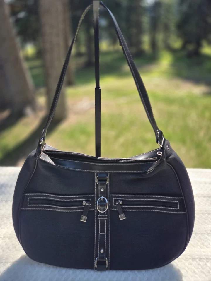 Bolso de Hombro Etienne Aigner Negro Tela Texturizada Algodón Yute Media Luna Hobo Foto 2 de 4