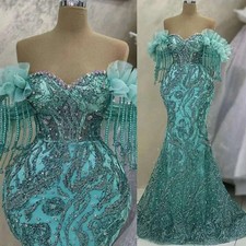 Luxury Cyan Mermaid Prom Dresses Sweetheart Lace Crystals Sequins Evening Gowns