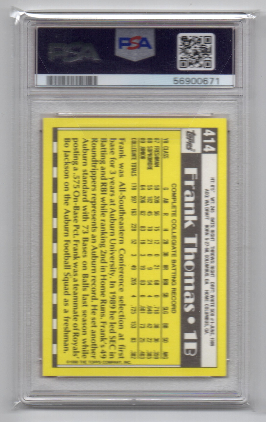1990 Topps Tiffany #414 Frank Thomas #1 Draft Pick RC Rookie PSA 9 MINT view 2