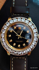 Rolex Oyster Perpetual Day-Date Black Dial Diamond Bezel Brown Leather Strap