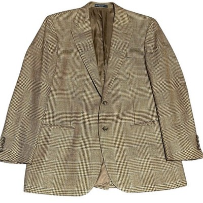 Polo Ralph Lauren Italy Houndstooth Plaid Sports Coat Blazer 44R Tan Flax Wool