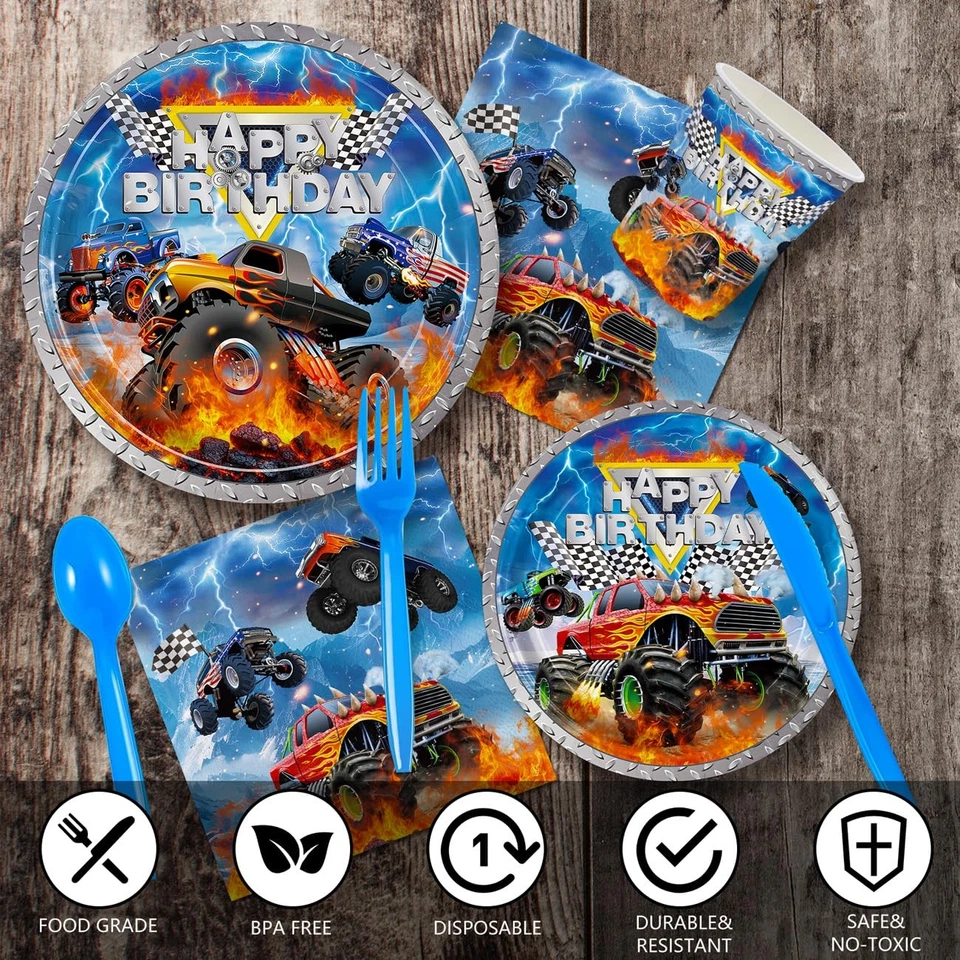 168 piezas Monster Truck Cumpleaños Fiesta Decoraciones Platos Servilletas Papel Desechable Foto 3 de 4
