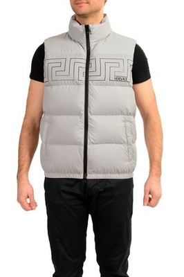 Versace Men's Gray Greca Print Down Sleeveless Jacket Puffer Vest US 2XL IT 56
