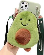 Wallet Case for iPhone 14 Cover with Strap Lanyard Cute Plush Avocado Coin Purse