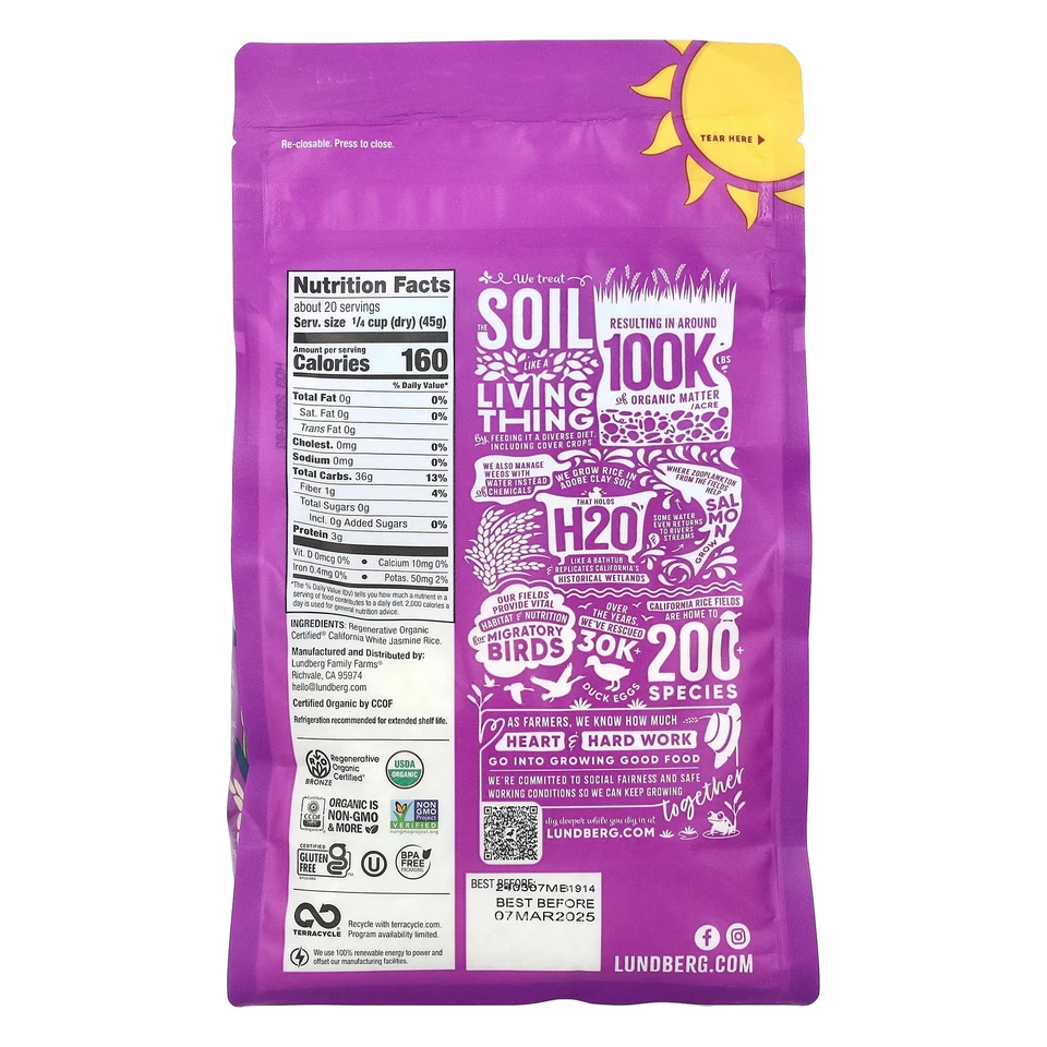 Lundberg Organic California White Jasmine Rice 32 oz 907 g BPA-Free, - Image 2 of 2