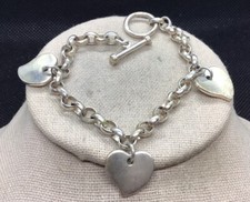 Sterling Silver 925 Heart Charms Toggle Bracelet 7" Y951