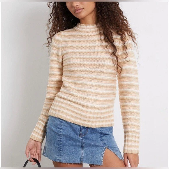 Minkpink Nora Striped Ribbed Knit Mockneck Sweater NWT