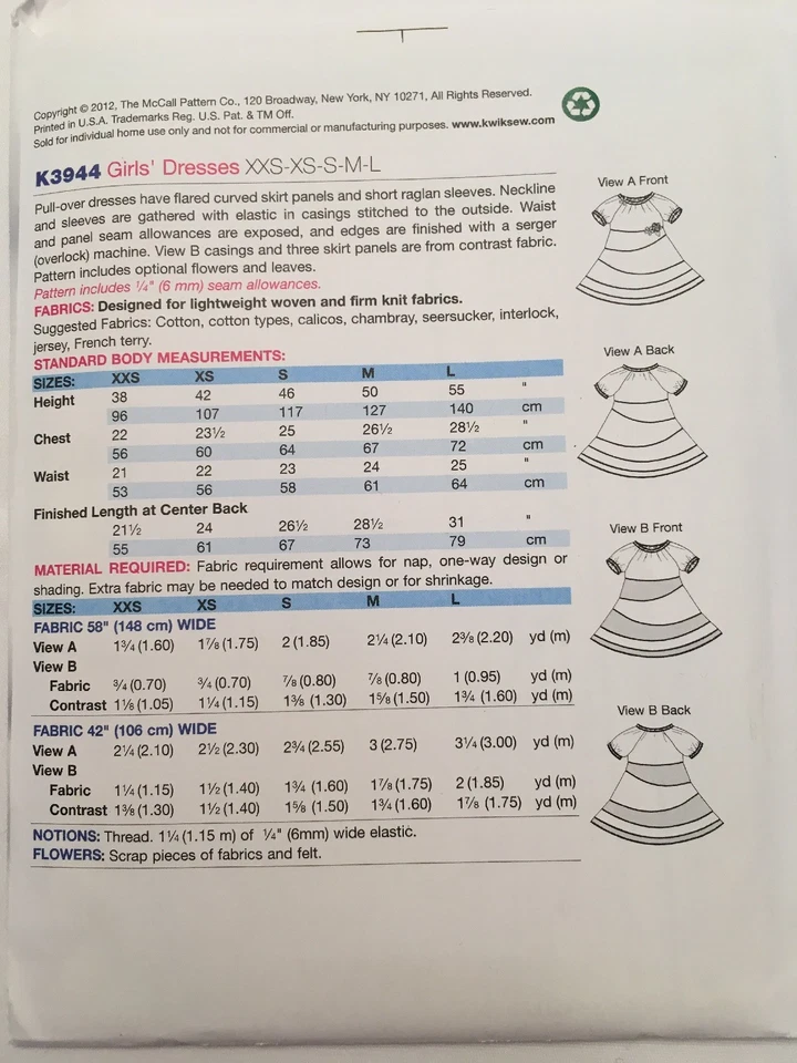 Kwik Sew K3944 Girls Dress Sewing Pattern XXS XS S M L Summer School Play Easy - Image 4 of 4