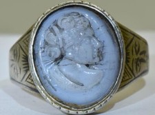 Antique Victorian Cameo Ring Silver and Niello Hand Carved Hard Stone c1850's