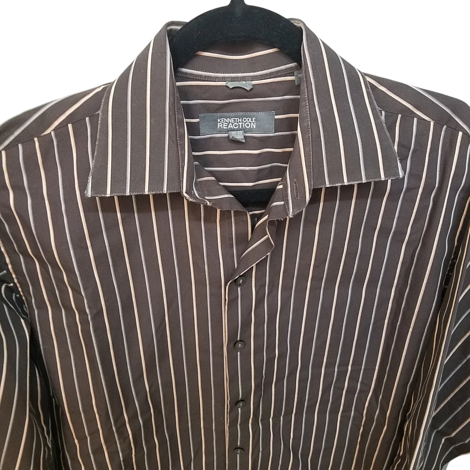 Kenneth Cole Reaction Mens Sz 32-33 Brown Striped Long Sleeve Button Down Shirt - Image 3 of 4