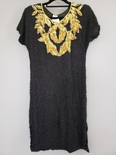 Vintage Silk Cocktail Dress 80s Sequin Flapper Wearable Art Deco Beaded GATSBY