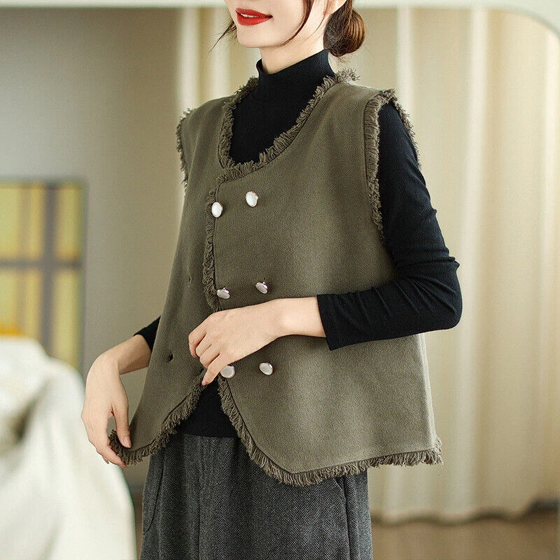 Mujeres Doble Pecho Cuello Redondo Borla Sin Mangas Chaleco Calce Ajustado Waiscoat Prendas para el torso Foto 4 de 4