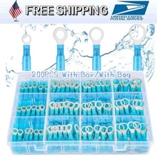 200Pcs Ring Eyelet Heat Shrink Wire Connectors16-14AWG Gauge Terminals Blue Kits