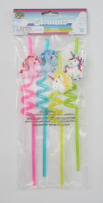 4 Unicorn Drink Crazy Straws Princess Kid Bday Mystical Party Goody Bag Favor