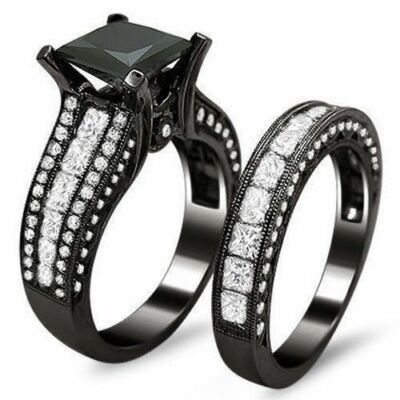 3.34 Ct Diamond Bridal Set Black Silver Ring Lab Created Christmas Day Gift