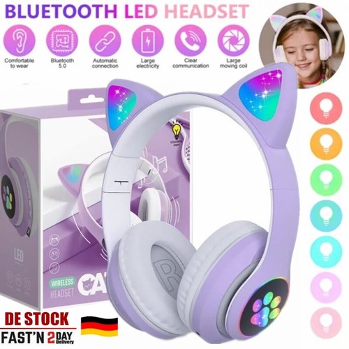 Kinder Bluetooth 5.0 Kopfhörer Katzenohren LED Leuchtend Headset mit Mikrofon - Bild 2 von 17