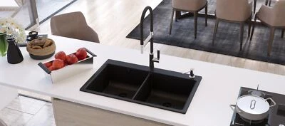 KEENBERK Lavello in granito nero doppio lavabo dagli anni 90 mobile sottolavello 86 x 51 cm W-DB860