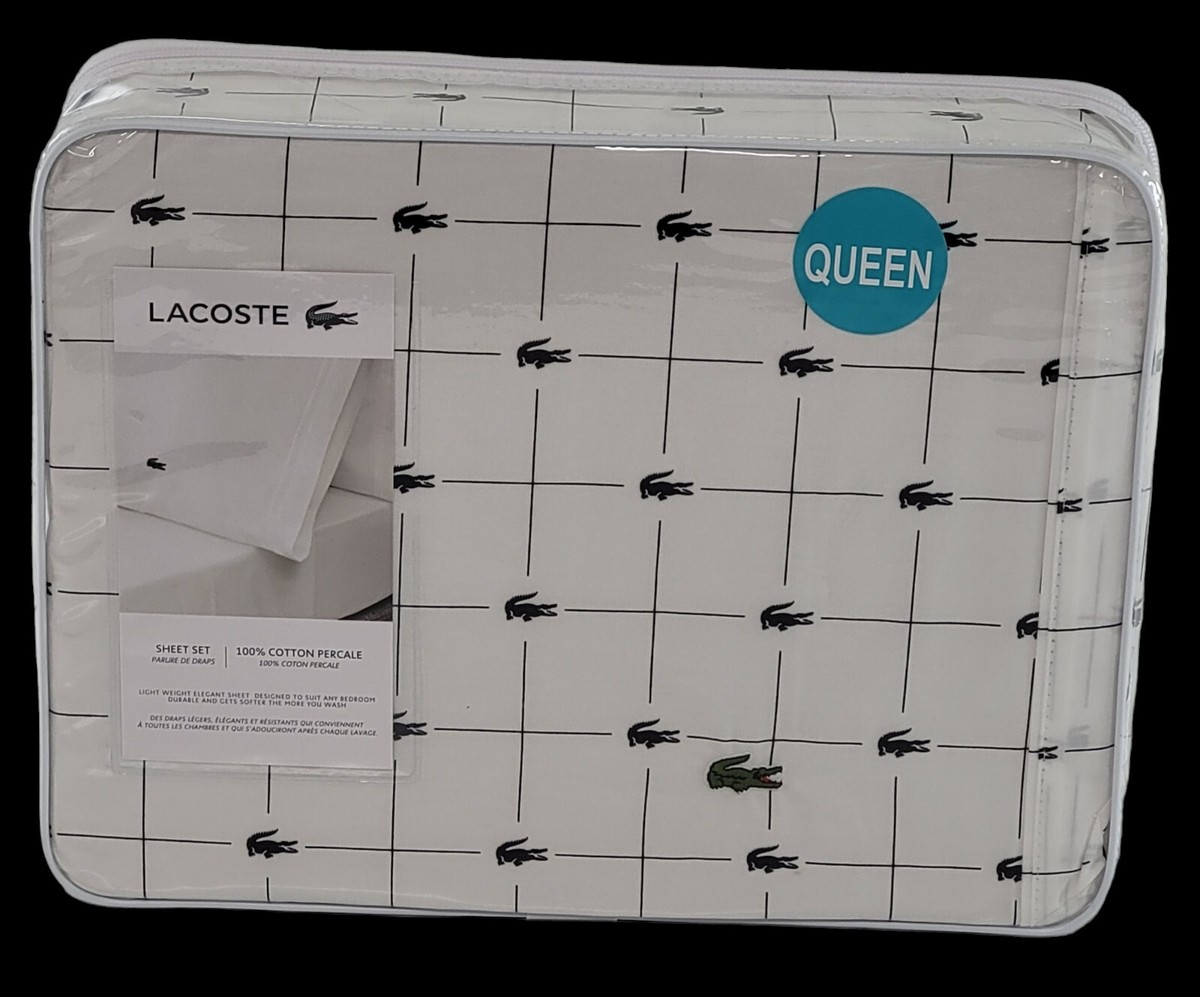 NEW Lacoste Queen Size Sheet Set 100% Cotton Percale Crocodile Logo White