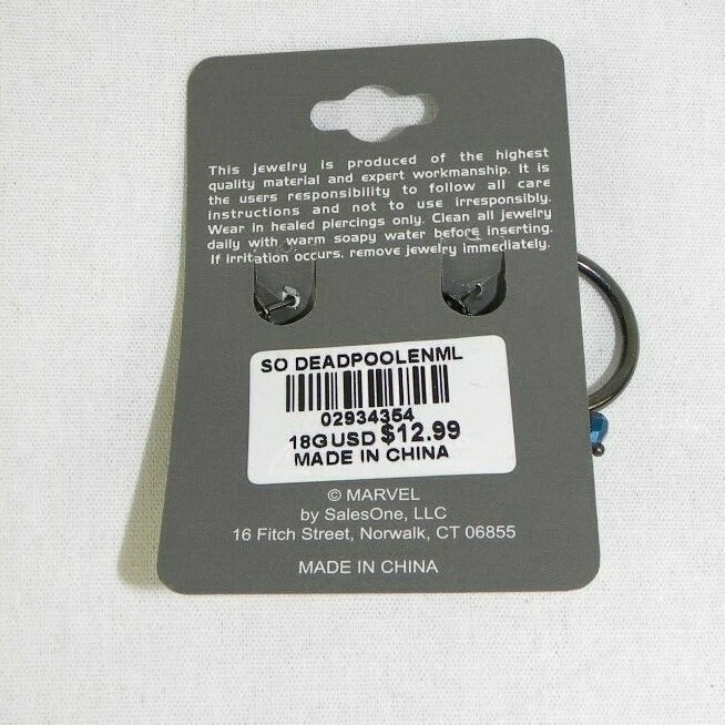 So Deadpool 搪瓷环状耳环型号 316L 18G 漫威全新免运费  — 第 3/4 张图片