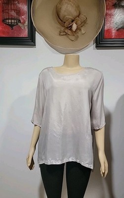 Beau Jours Womens Large Gray Oversized Button-Up Top Blouse SS Silk #C