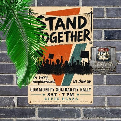Silhouette Crowd Banner Bold Protest Sign Retro Activism Metal Wall Plaque