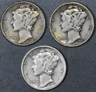 1942-PDS 10C MERCURY SILVER DIME 3 Coins KM# 140 Grade:  F+ A6649