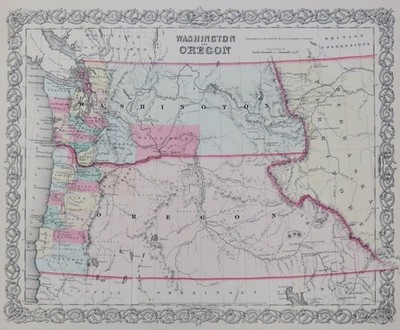 ORIGINAL 1853 COLTON'S HAND COLORED MAP OF WASHINGTON & OREGON TERRITORY