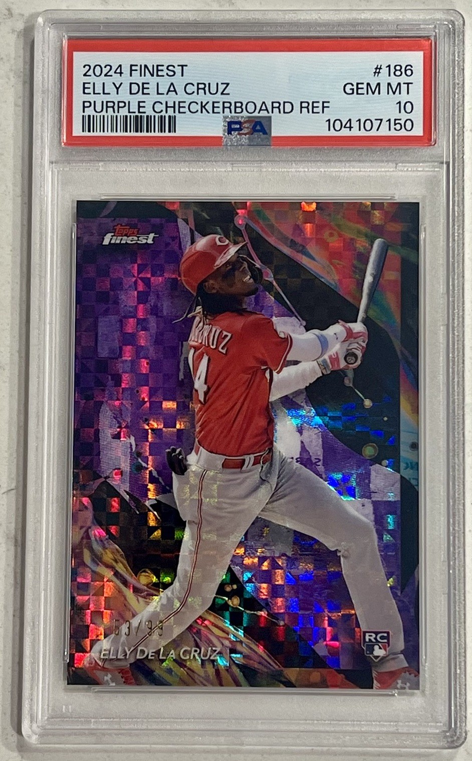 2024 Topps Finest Elly De La Cruz #186 Purple Checkerboard Refractor /99 PSA 10