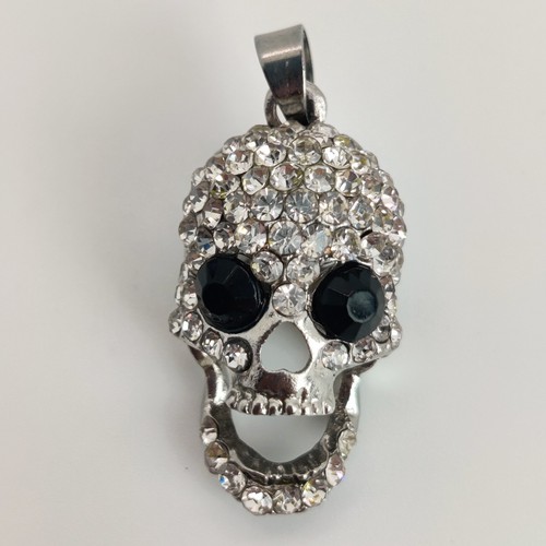 Rhinestone Skull Necklace Embellished Pendant Charm With Moving Bottom Jaw - Picture 3 of 6