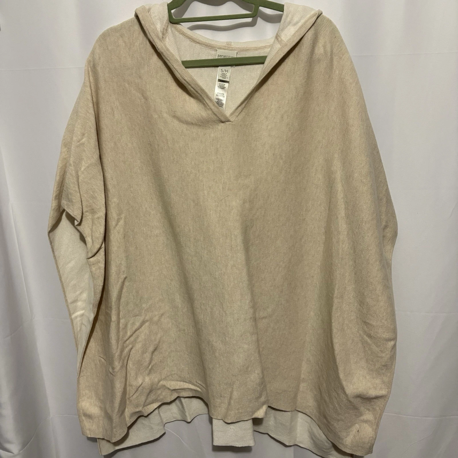 Chicos Womens SM/MD Hooded Cape Poncho Tan Cream Knit Cotton Cashmere Travel