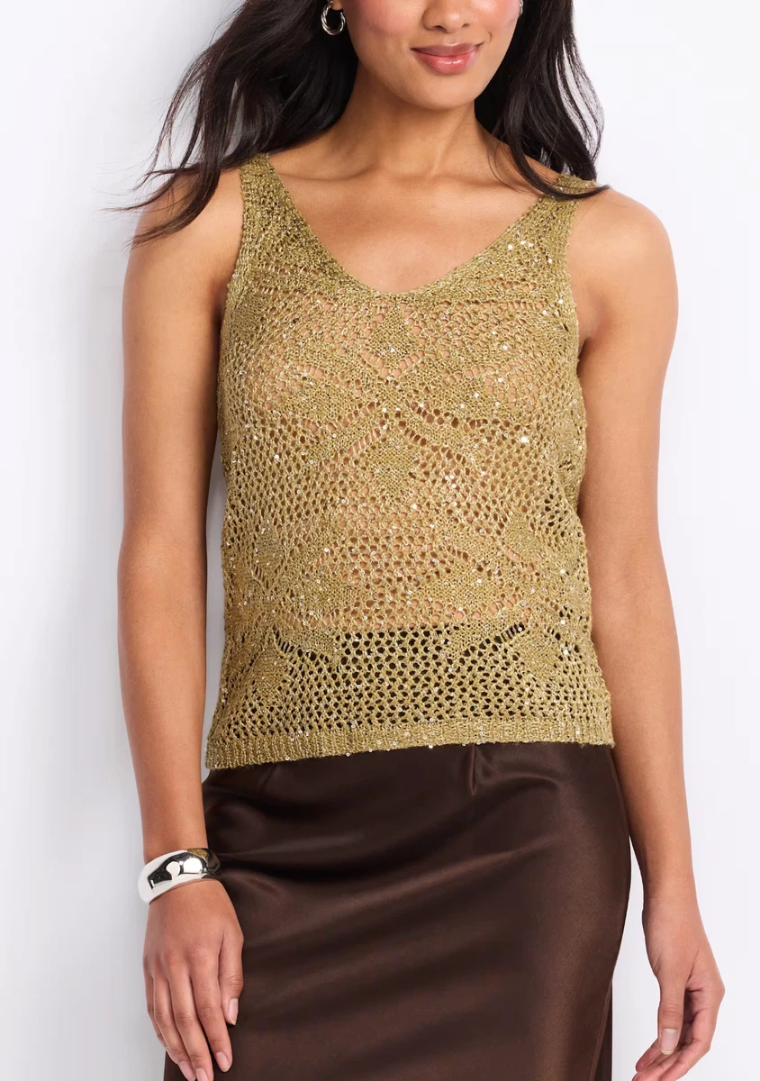 Vero Moda Leilani Gold Sequin Open Knit Sweater Tank L