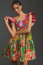 NWT Farm Rio Foliage Mix Cotton Mini Dress, Size L, Cotton, Sleeveless, Ruffled