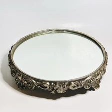 Antique Plateau Mirror Vanity Footed Round Ornate Dresser Mirrored Tray 10.5”