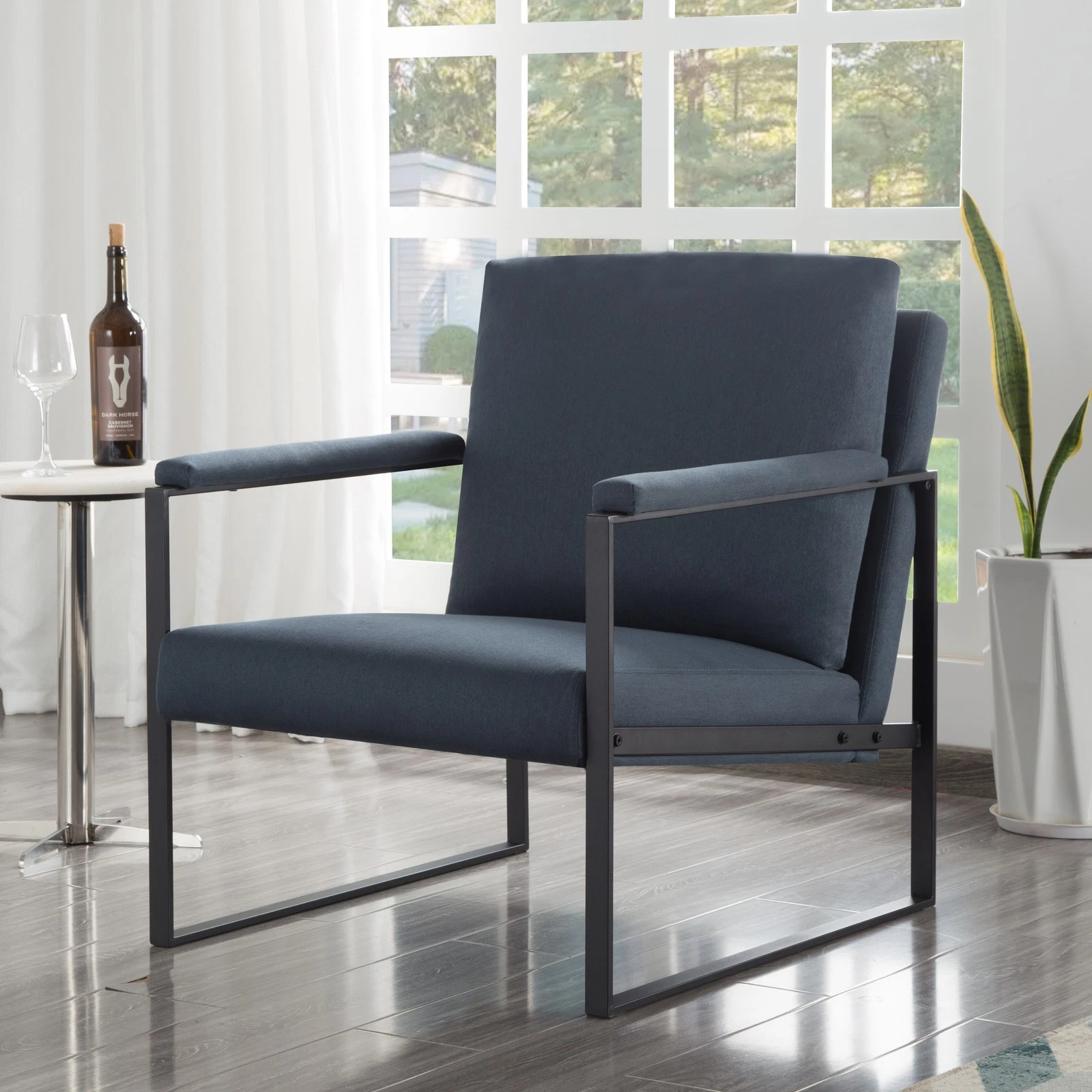 26.8" Accent Armchair Metal Frame Linen Padded Square Arms Removable Cushion