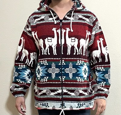 Peruvian Gray  Alpaca Wool Sweater  Hoodie Full Zip LLamas Designs  XL  NEW