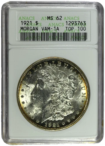 1921 ANACS MS62 Top 100 VAM-1A (Now 41B) Pitted Rev Morgan Dollar-Old Hldr-Toned