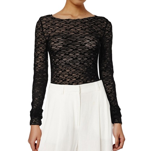 Sexy Camisa Transparente de Encaje para Mujer Manga Larga Camisa Transparente Patrón Floral Malla Prenda para el torso - Imagen 5 de 33