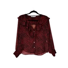 Zara Blouse Women's Size Small Black Red Animal Print Ruffle Metallic Thread Top
