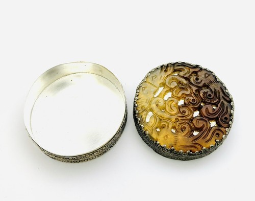 Vintage Silver Plated Chinese Swirl Carved on Burnt Jade Jewelry Box Has Mirror - Picture 4 of 9