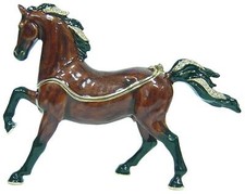Jeweled Enameled Pewter Brown Horse Hinged Trinket Ring Jewelry Box TerraCottage