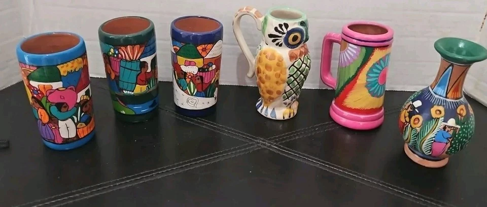 LOTE de 6: Taza colorida mexicana sudamericana pintada a mano arte jarrón DECORACIÓN Foto 3 de 4