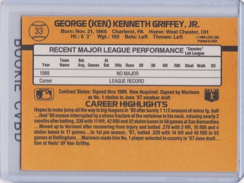 KEN GRIFFEY JR. ROOKIE CARD 1989 Donruss Baseball RATED RC Seattle Mariners HOF! - Bild 2 von 2