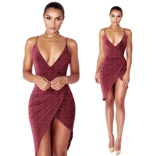 Women's V-neck Glitter Pleated Asymmetric Sheath Spaghetti Slip Dress Clubwear- - Bild 5 von 23