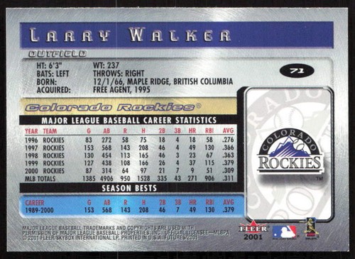 Fleer Futures #71 2001 Larry Walker Colorado Rockies - Imagen 2 de 2