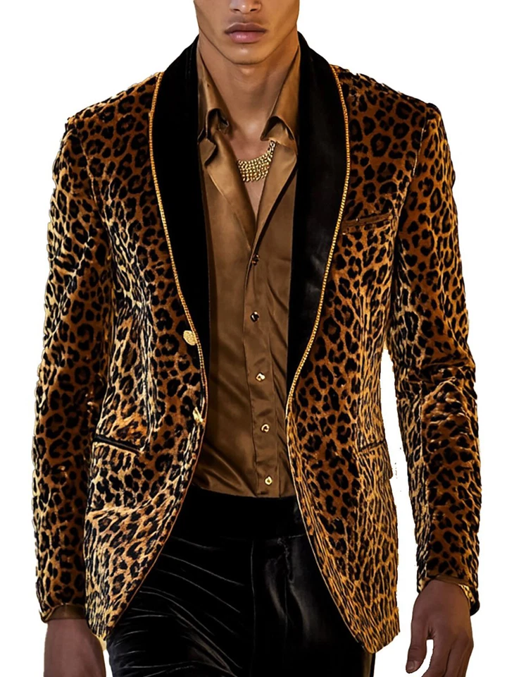 Leopard Print Men's Velvet Coat Shawl Lapel Single Breasted Button Party Jackets - Image 2 of 4
