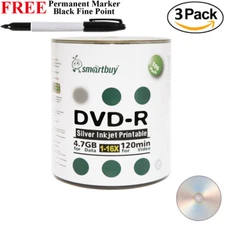 300 SmartBuy DVD-R 16X 4.7GB Silver Inkjet Printable Disc+Black Permanent Marker