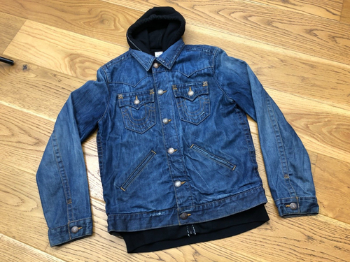 TRUE RELIGION JOHNNY BLUE DENIM JEAN JACKET BLACK HOODIE HOODED TOP MEDIUM - Picture 2 of 24