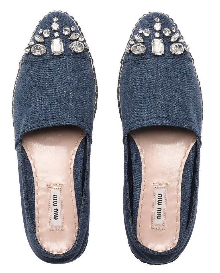 NUEVO MIU MIU PRADA DENIM CRISTALES ALPARGATAS CUÑA PLATAFORMA ZAPATOS 40.5/US 10.5 Foto 4 de 4