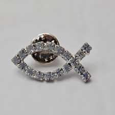 Jesus Fish Clear Rhinestone Gems Christian Christianity Retro Pin Pinback