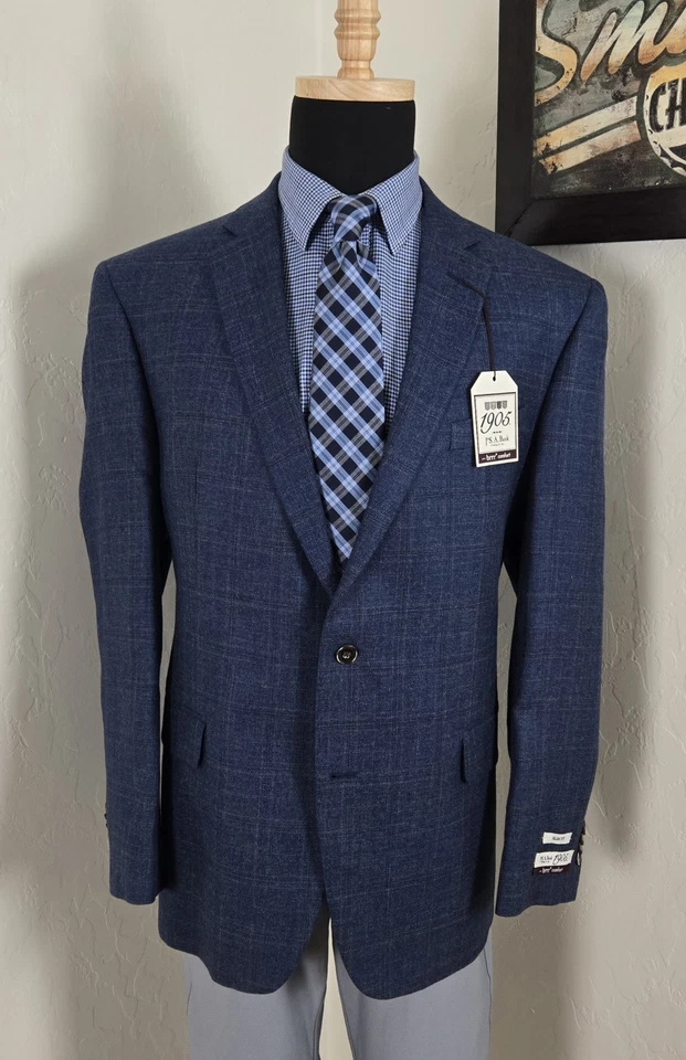 NEW Jos A Bank 46R Blazer Linen Wool Windowpane Blue Checked Sport Coat Jacket - Image 3 of 4